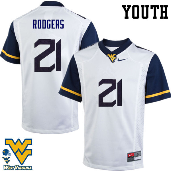 Youth #21 Ira Errett Rodgers West Virginia Mountaineers College Football Jerseys-White - Click Image to Close